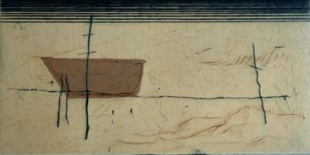 Otto Beckmann, schlafendes Boot, 2013, Farbradierung e.a./eingew. Papier, 10x22cm, 180,-€, Galerie Stexwig